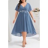 image:imageDusty Blue Dress Wedding Guest Dresses Plus Size Formal Mother of Bride Bridesmaid Chiffon V Neck Sleeve High Low Women