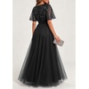 image:imageFormal Dresses for Women Prom Evening Gown Sequin Tulle V Neck Ruffle Short Sleeve Empire Waist A Line Long DressBlack