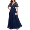 image:imageFormal Dresses for Women Prom Evening Gown Sequin Tulle V Neck Ruffle Short Sleeve Empire Waist A Line Long DressNavy Blue