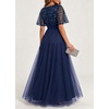image:imageFormal Dresses for Women Prom Evening Gown Sequin Tulle V Neck Ruffle Short Sleeve Empire Waist A Line Long DressNavy Blue