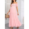 image:imageOff The Shoulder Maternity Dress for Baby Shower  Womens Boho Swiss Dot Smocked Puff Sleeve Maxi DressLight Pink