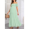 image:imageOff The Shoulder Maternity Dress for Baby Shower  Womens Boho Swiss Dot Smocked Puff Sleeve Maxi DressMint Green