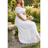 image:imageOff The Shoulder Maternity Dress for Baby Shower  Womens Boho Swiss Dot Smocked Puff Sleeve Maxi DressWhite
