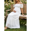image:imageOff The Shoulder Maternity Dress for Baby Shower  Womens Boho Swiss Dot Smocked Puff Sleeve Maxi DressWhite