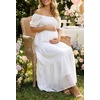 image:imageOff The Shoulder Maternity Dress for Baby Shower  Womens Boho Swiss Dot Smocked Puff Sleeve Maxi DressWhite
