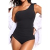 image:imageOne Shoulder One Piece Swimsuits  Women Tummy Control Bathing Suits Ruched Full Coverage Side Tie SwimwearBlack