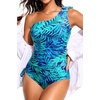 image:imageOne Shoulder One Piece Swimsuits  Women Tummy Control Bathing Suits Ruched Full Coverage Side Tie SwimwearBlue Leaves