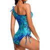 image:imageOne Shoulder One Piece Swimsuits  Women Tummy Control Bathing Suits Ruched Full Coverage Side Tie SwimwearBlue Leaves