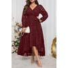 image:imagePlus Size Dresses Wedding Guest  Fall Semi Formal Floral Long Sleeve Wrap V Neck High Low Maxi Dress with Belt WomenBurgundy