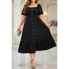 image:imagePlus Size Summer Dresses  Boho Casual Wedding Guest Midi Flowy Short Sleeves Smocked Button Down Dress for Curvy WomenBlack