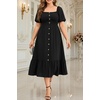 image:imagePlus Size Summer Dresses  Boho Casual Wedding Guest Midi Flowy Short Sleeves Smocked Button Down Dress for Curvy WomenBlack