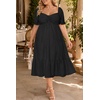 image:imagePlus Size Summer Dresses  Sweetheart Neck Drawstring Puff Sleeve Casual Tiered Aline Flowy Midi DressBlack