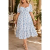image:imagePlus Size Summer Dresses  Sweetheart Neck Drawstring Puff Sleeve Casual Tiered Aline Flowy Midi DressBlue Floral