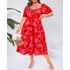 image:imagePlus Size Summer Dresses  Sweetheart Neck Drawstring Puff Sleeve Casual Tiered Aline Flowy Midi DressRed Floral