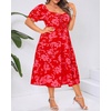 image:imagePlus Size Summer Dresses  Sweetheart Neck Drawstring Puff Sleeve Casual Tiered Aline Flowy Midi DressRed Floral