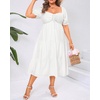 image:imagePlus Size Summer Dresses  Sweetheart Neck Drawstring Puff Sleeve Casual Tiered Aline Flowy Midi DressWhite