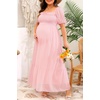 image:imagePlus Size Summer Dresses  Swiss Dot Smocked Square Neck Puff Sleeve Boho Maternity Maxi Dress for Baby Shower Wedding GuestPink