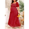 image:imagePlus Size Summer Dresses  Swiss Dot Smocked Square Neck Puff Sleeve Boho Maternity Maxi Dress for Baby Shower Wedding GuestRed