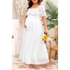 image:imagePlus Size Summer Dresses  Swiss Dot Smocked Square Neck Puff Sleeve Boho Maternity Maxi Dress for Baby Shower Wedding GuestWhite