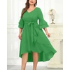 image:imagePlus Size Wedding Guest Dress  Semi Formal Double Bell Sleeve V Neck High Low Split Ruffle Cocktail Dresses with BeltBright Green