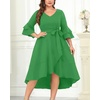 image:imagePlus Size Wedding Guest Dress  Semi Formal Double Bell Sleeve V Neck High Low Split Ruffle Cocktail Dresses with BeltBright Green