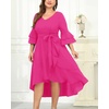 image:imagePlus Size Wedding Guest Dress  Semi Formal Double Bell Sleeve V Neck High Low Split Ruffle Cocktail Dresses with BeltHot Pink