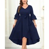 image:imagePlus Size Wedding Guest Dress  Semi Formal Double Bell Sleeve V Neck High Low Split Ruffle Cocktail Dresses with BeltNavy Blue