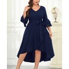 image:imagePlus Size Wedding Guest Dress  Semi Formal Double Bell Sleeve V Neck High Low Split Ruffle Cocktail Dresses with BeltNavy Blue