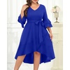 image:imagePlus Size Wedding Guest Dress  Semi Formal Double Bell Sleeve V Neck High Low Split Ruffle Cocktail Dresses with BeltRoyal Blue