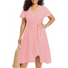 image:imagePlus Size Wedding Guest Dress  Summer Semi Formal Midi Eyelet Short Sleeve Wrap V Neck Belted A Line Dresses 2025Pink