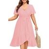 image:imagePlus Size Wedding Guest Dress  Summer Semi Formal Midi Eyelet Short Sleeve Wrap V Neck Belted A Line Dresses 2025Pink