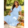 image:imagePlus Size Wedding Guest Dress  V Neck Floral Smocked Puff Sleeve Summer Fall A Line Tiered Flowy Midi Dresses 2025Light Blue