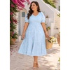 image:imagePlus Size Wedding Guest Dress  V Neck Floral Smocked Puff Sleeve Summer Fall A Line Tiered Flowy Midi Dresses 2025Light Blue
