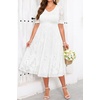 image:imagePlus Size Wedding Guest Dress  V Neck Floral Smocked Puff Sleeve Summer Fall A Line Tiered Flowy Midi Dresses 2025White