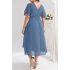 image:imageTALISEA Plus Size Dresses Wedding Guest  Formal Cocktail Chiffon Appliques V Neck Ruffle Short Sleeve High Low Dress WomenGrey Blue
