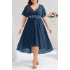 image:imageTALISEA Plus Size Dresses Wedding Guest  Formal Cocktail Chiffon Appliques V Neck Ruffle Short Sleeve High Low Dress WomenNavy Blue