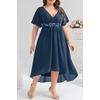image:imageTALISEA Plus Size Dresses Wedding Guest  Formal Cocktail Chiffon Appliques V Neck Ruffle Short Sleeve High Low Dress WomenNavy Blue