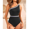 image:imageTalisea One Shoulder One Piece Swimsuits  Women Tummy Control Bathing Suit with Tie Knot Swimwear Full CoverageBlack With Colorful Trim