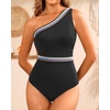 image:imageTalisea One Shoulder One Piece Swimsuits  Women Tummy Control Bathing Suit with Tie Knot Swimwear Full CoverageBlack With Colorful Trim