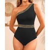 image:imageTalisea One Shoulder One Piece Swimsuits  Women Tummy Control Bathing Suit with Tie Knot Swimwear Full CoverageBlack With Gold Trim