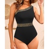 image:imageTalisea One Shoulder One Piece Swimsuits  Women Tummy Control Bathing Suit with Tie Knot Swimwear Full CoverageBlack With Gold Trim