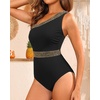 image:imageTalisea One Shoulder One Piece Swimsuits  Women Tummy Control Bathing Suit with Tie Knot Swimwear Full CoverageBlack With Gold Trim