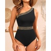 image:imageTalisea One Shoulder One Piece Swimsuits  Women Tummy Control Bathing Suit with Tie Knot Swimwear Full CoverageBlack With Gold Trim
