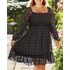 image:imageTalisea Plus Size Square Neck Graduation Summer Casual Sundress Chiffon Swiss Dot Ruffle Flowy Short Smocked DressBlack Long Sleeve