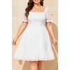 image:imageTalisea Plus Size Square Neck Graduation Summer Casual Sundress Chiffon Swiss Dot Ruffle Flowy Short Smocked DressWhite