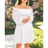 image:imageTalisea Plus Size Square Neck Graduation Summer Casual Sundress Chiffon Swiss Dot Ruffle Flowy Short Smocked DressWhite Long Sleeve