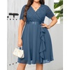 image:imageTalisea Plus Size Wedding Guest Dress  Formal Cocktail Party Ruffle Elegant Tea Length Lace Chiffon V Neck Midi DressesGrey Blue
