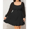 image:imageTalisea Plus Size Womens Sweetheart Neckline Dress Smocked Short Summer Sundress Chiffon Mini Cute Graduation DressesBlack Long Sleeve