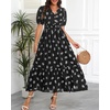 image:imageTalisea Womens Summer Maxi Dress  Puff Sleeve V Neck Smocked Tiered Boho Casual ALine Wedding Guest Long Dress with PocketsBlack Printed
