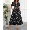 image:imageTalisea Womens Summer Maxi Dress  Puff Sleeve V Neck Smocked Tiered Boho Casual ALine Wedding Guest Long Dress with PocketsBlack Printed